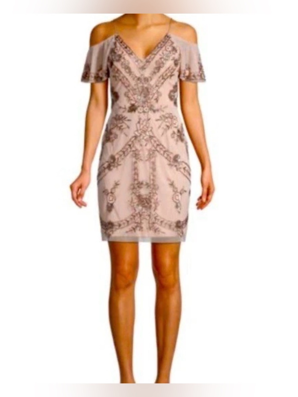 Aidan Mattox Dress Beaded Gatsby Cocktail Nude Champagne Floral Sequin Mesh 4 - Picture 2 of 14